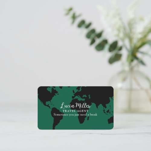 Black World Map green travel agency Business Card