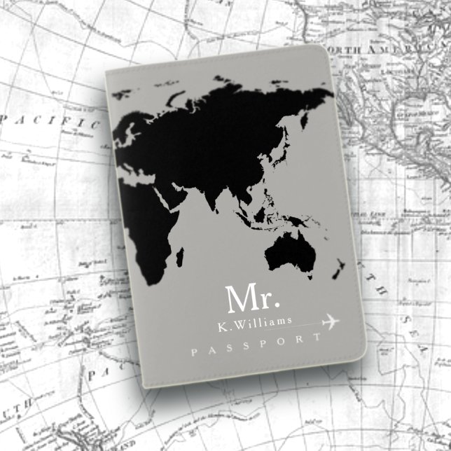 Black World Map on Gray with Mr. Name Passport Holder (Creator Uploaded)