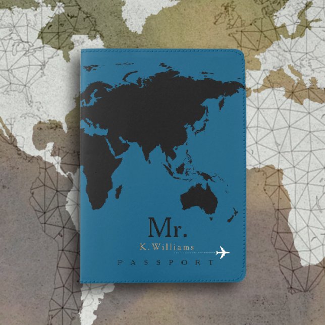 black world map on ocean-blue with Mr. name Passport Holder (Creator Uploaded)