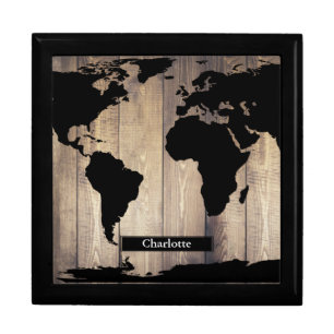 Black World Map Rustic Wood Planks Custom Name Keepsake Box