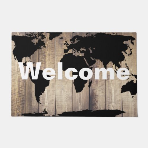 Black World Map Rustic Wood Planks Welcome Doormat