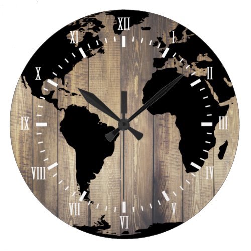 Black World Map Wooden Planks White Numerals Large Clock
