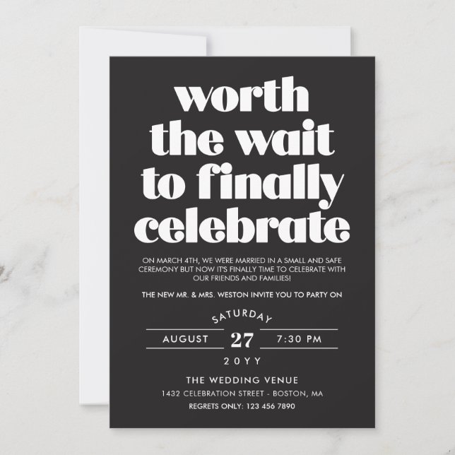 Black Worth the Wait Sequel Wedding Celebration Invitation (Front)