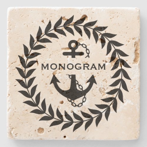 Black Wreath And Nautical Anchor Monogramed Stone Coaster