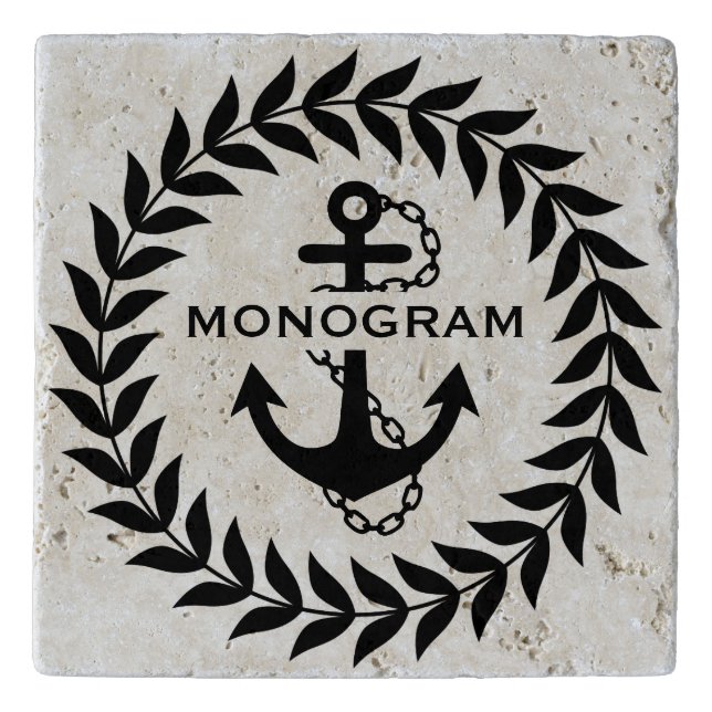 Black Wreath And Nautical Anchor Monogramed Trivet (Front)