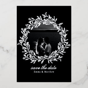 Black Wreath Elegant Photo & QR Save the Date Foil Invitation