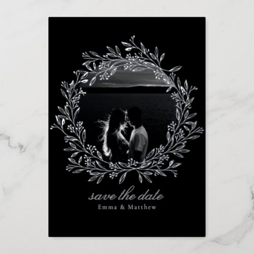 Black Wreath Elegant Photo  QR Save the Date Foil Invitation