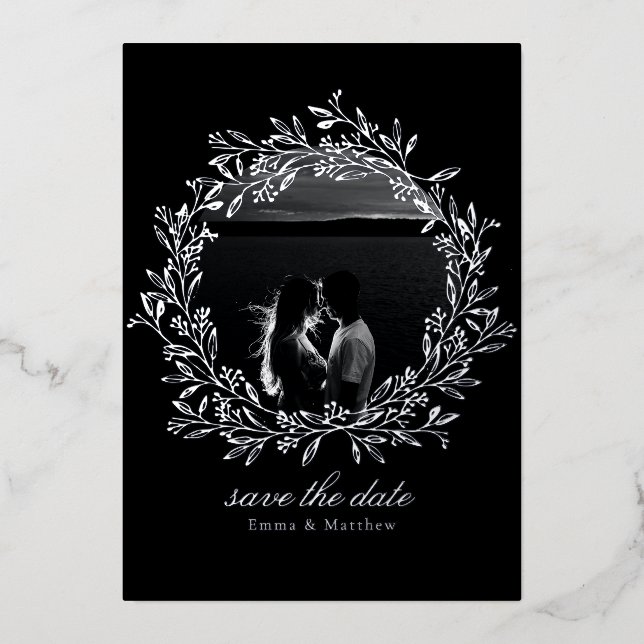 Black Wreath Elegant Photo & QR Save the Date Foil Invitation (Front)