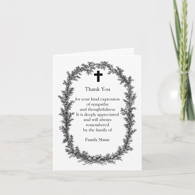 Black Wreath Flower Thank You Card (Front)
