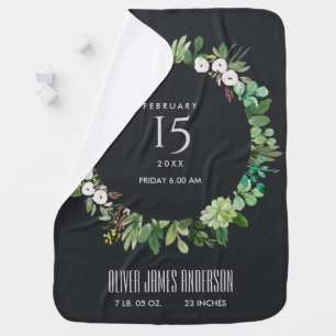 BLACK WREATH FOLIAGE WATERCOLOR BABY BIRTH STATS BLANKET