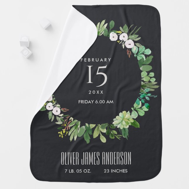 BLACK WREATH FOLIAGE WATERCOLOR BABY BIRTH STATS BLANKET (In Situ)