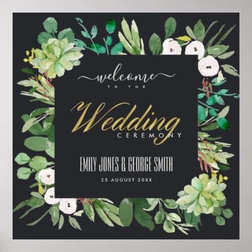 BLACK WREATH FOLIAGE WATERCOLOR WEDDING WELCOME POSTER
