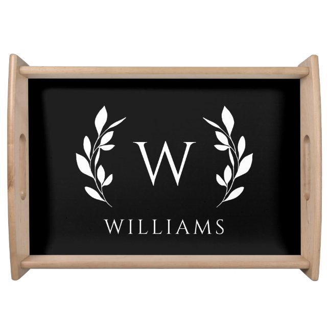 Black Wreath Initial Monogram Last Name Serving Tray (Front)