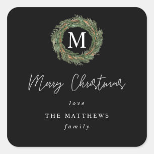 Black Wreath Monogram Merry Christmas Gift Square Sticker