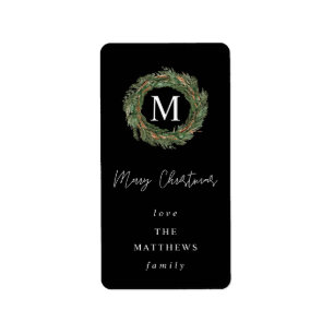 Black & Wreath Monogram Merry Christmas Label