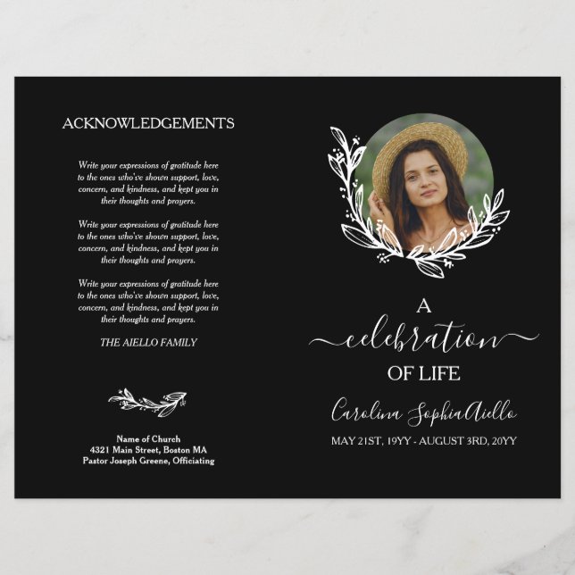 Black Wreath Photo Celebration of Life Program (Front)
