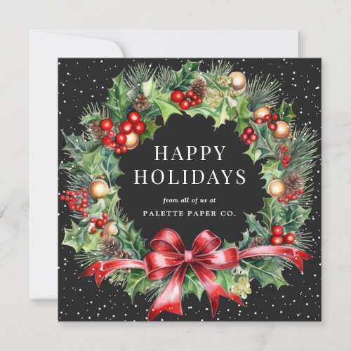 Black Wreath Snow Corporate Business Holiday Card