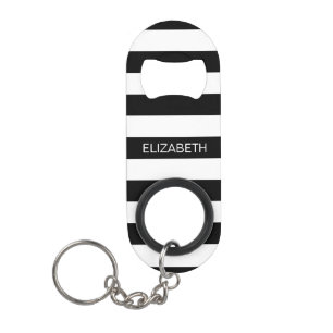 Black Wt Horizontal Preppy Stripe #2 Name Monogram Keychain Bottle Opener