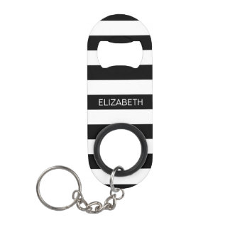 Black Wt Horizontal Preppy Stripe #2 Name Monogram Keychain Bottle Opener