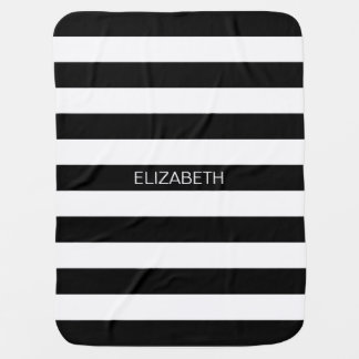 Black Wt Horizontal Preppy Stripe #2 Name Monogram Swaddle Blanket