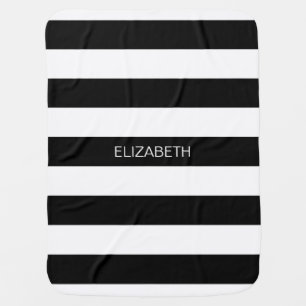 Black Wt Horizontal Preppy Stripe #3 Name Monogram Stroller Blanket