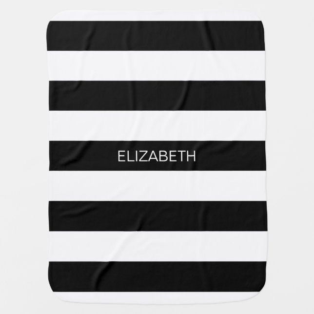 Black Wt Horizontal Preppy Stripe #3 Name Monogram Stroller Blanket (Front)