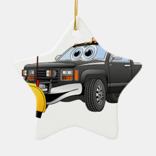 Black Y Pick Up Truck Snow Plow Cartoon Ceramic Ornament