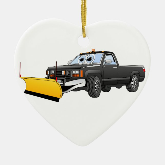 Black Y Pick Up Truck Snow Plow Cartoon Ceramic Ornament (Front)