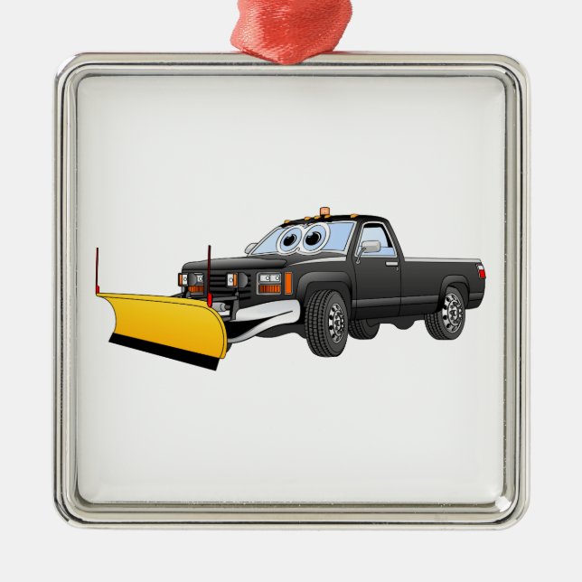 Black Y Pick Up Truck Snow Plow Cartoon Metal Ornament (Front)