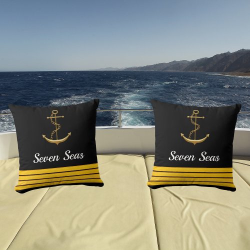 Black yacht boat gold anchor captain stripes outdoor pillow