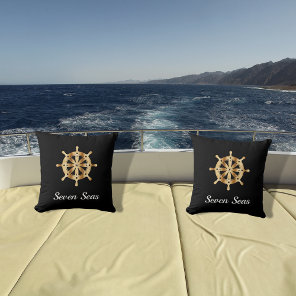 Black yacht boat name gold steering wheel coastal throw pillow