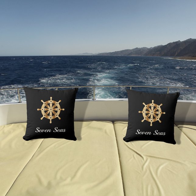 Black yacht boat name gold steering wheel coastal throw pillow (Creator Uploaded)