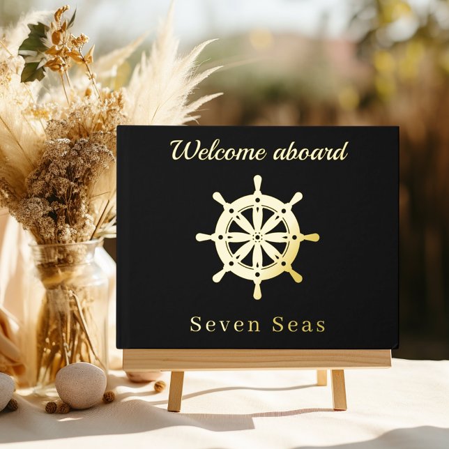Black yacht boat name gold steering wheel foil guest book  (Creator Uploaded)