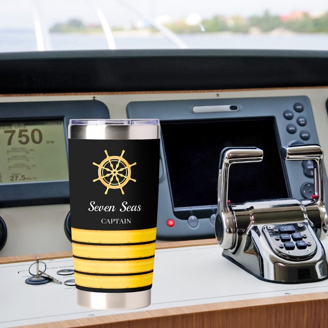 Black yacht boat name gold steering wheel stripes insulated tumbler (Creator Uploaded)