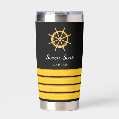 Black yacht boat name gold steering wheel stripes insulated tumbler