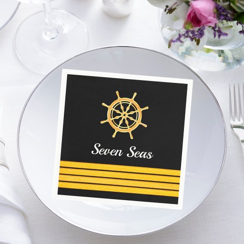 Black yacht boat name gold steering wheel stripes napkins