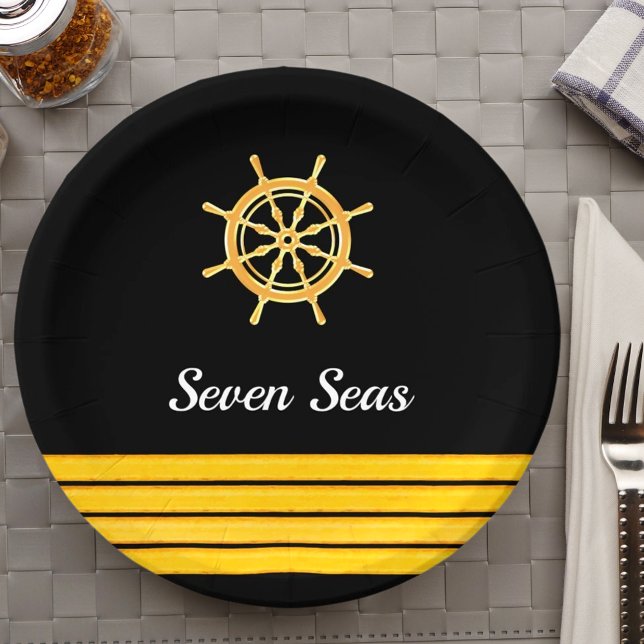 Black yacht boat name gold steering wheel stripes paper plates (Creator Uploaded)
