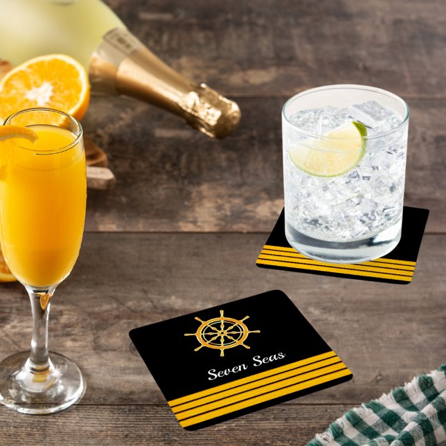 Black yacht boat name gold steering wheel stripes square paper coaster (Creator Uploaded)