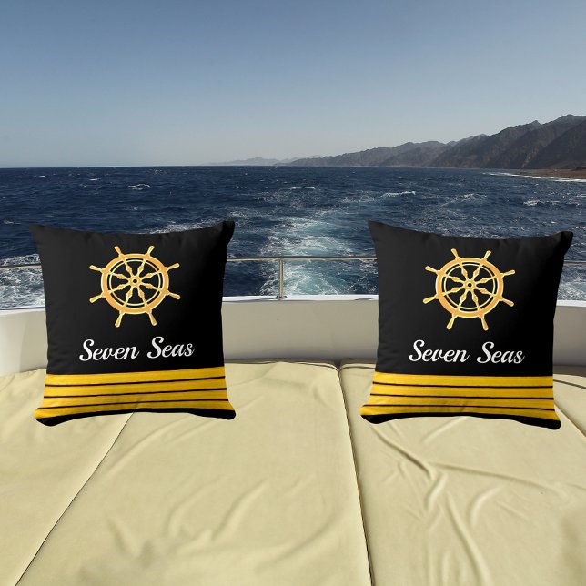 Black yacht boat name gold steering wheel stripes throw pillow (Creator Uploaded)
