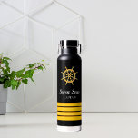 Black yacht boat name gold steering wheel stripes water bottle<br><div class="desc">A classic black background. Decorted with faux gold steering wheel and 4 captain stripes. Personalize and add the boat name.</div>