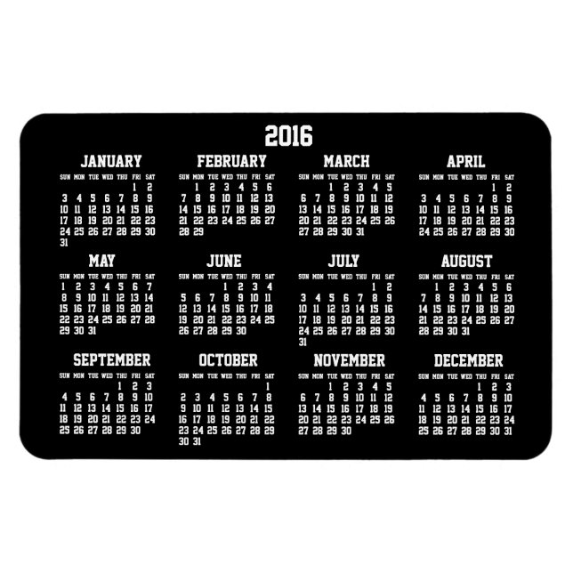 Black Yearly Calendar 2016 Large Flexible Magnets (Horizontal)