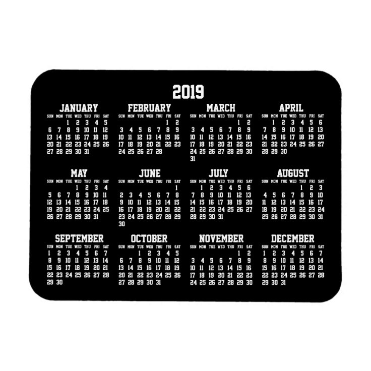 Black Yearly Calendar 2019 Small Flexible Magnets | Zazzle