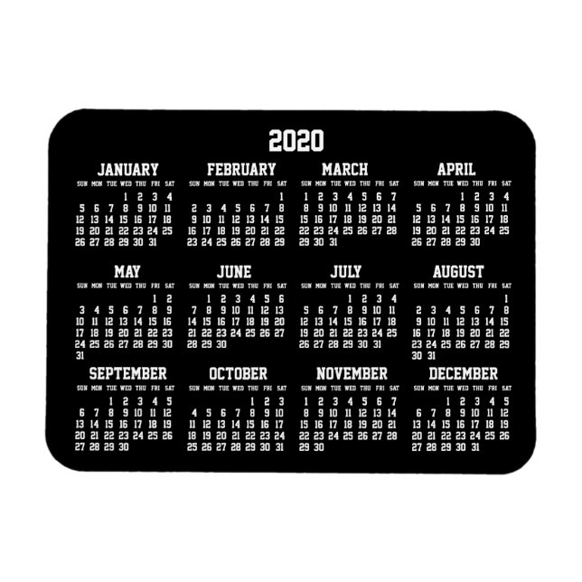 Black Yearly Calendar 2020 Small Flexible Magnets (Horizontal)