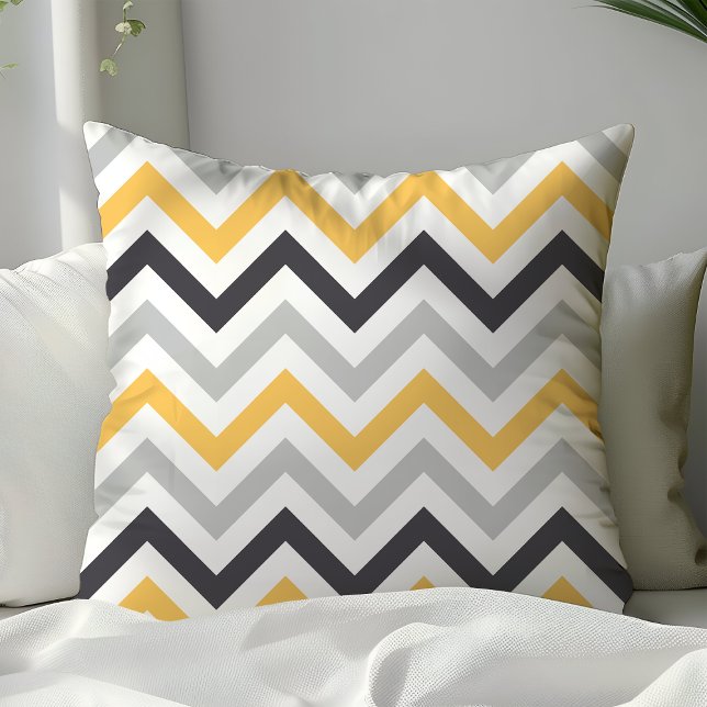 Black Yellow and Gray Zigzag Chevron Pattern Throw Pillow (Creator Uploaded)