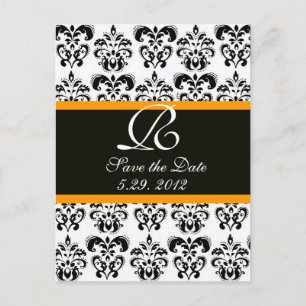 BLACK  YELLOW AND WHITE DAMASK MONOGRAM ANNOUNCEMENT POSTCARD