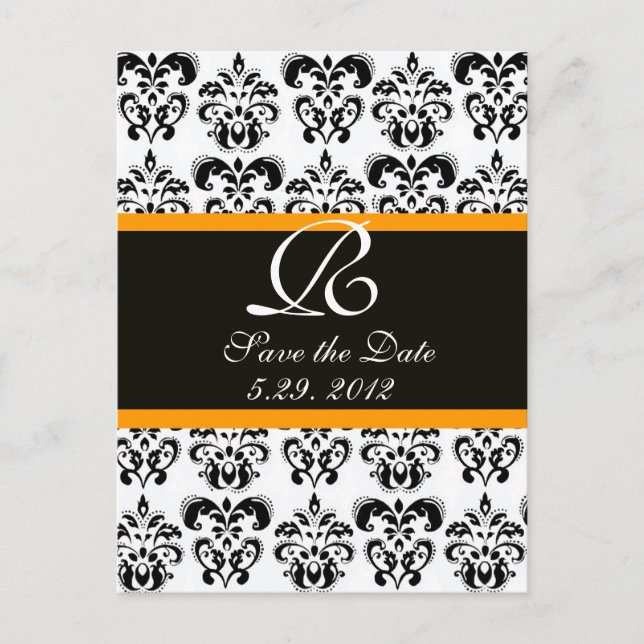 BLACK  YELLOW AND WHITE DAMASK MONOGRAM ANNOUNCEMENT POSTCARD (Front)