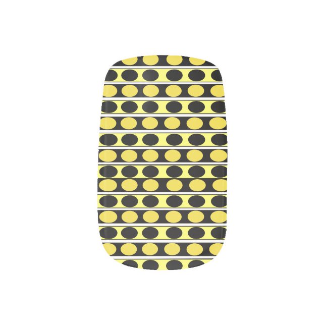 Black, Yellow and White Stripes and Polka Dots Min Minx Nail Art (Left Thumb)