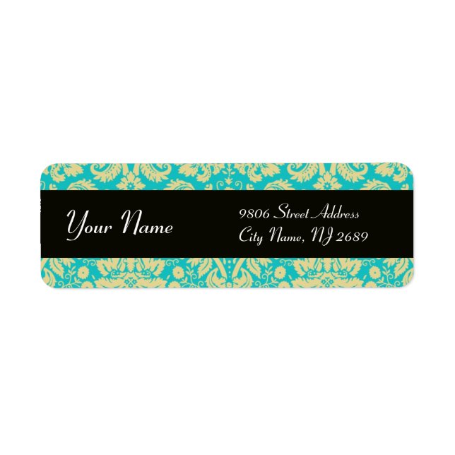 BLACK YELLOW AQUA BLUE TEAL DAMASK LABEL (Front)
