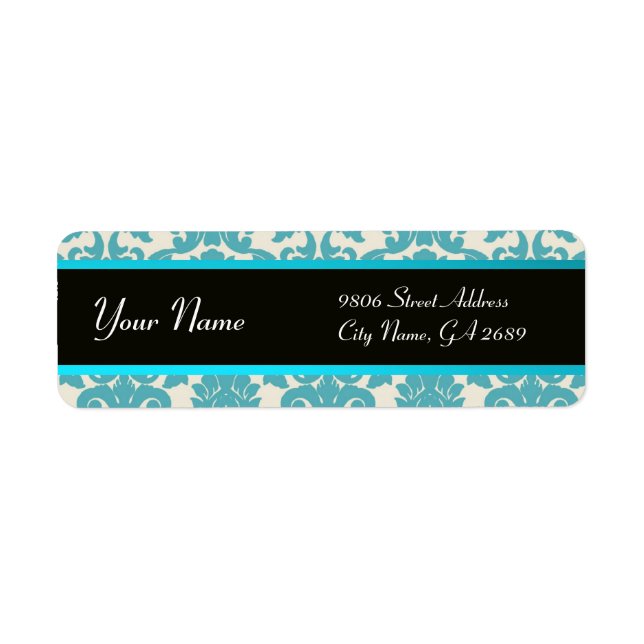BLACK YELLOW AQUA BLUE TEAL DAMASK LABEL (Front)