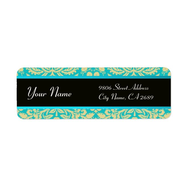 BLACK YELLOW AQUA BLUE TEAL DAMASK LABEL (Front)